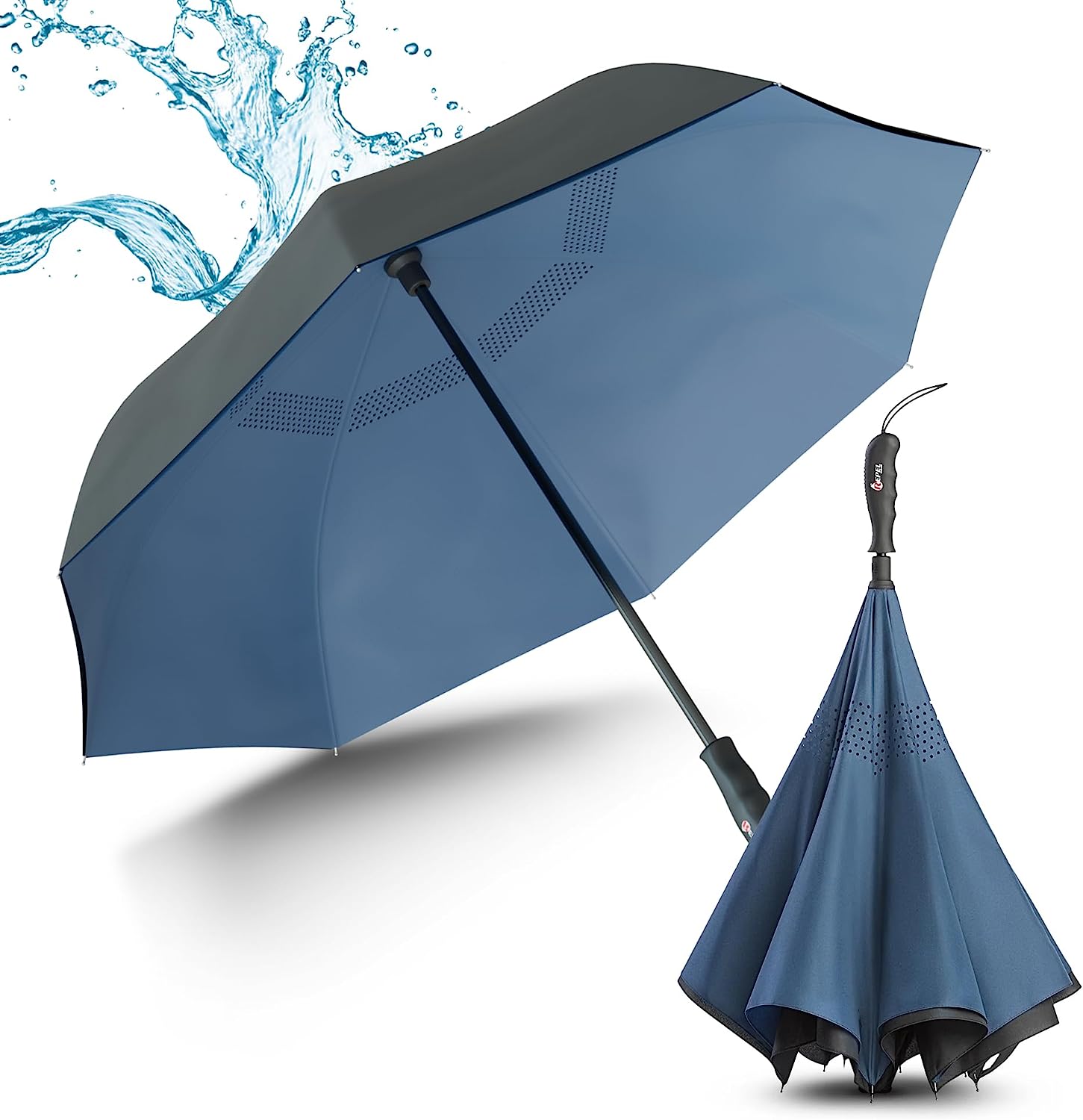 Black and NavyBlue Compact Reverse Umbrella 30" AutoOpen Straight Inverted /w Double Layer
